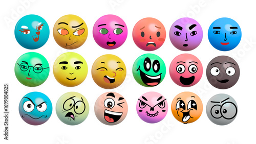 A set of colorful Easter eggs with various facial expressions and emotions, including smiley, sad, and angry faces