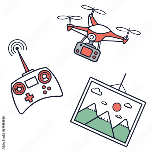 Drone and Remote Control with Photo vector illustration