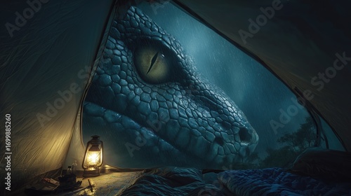 Curiosity and Innovation in a dramatic jungle scene with a T-Rex at a tent