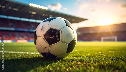 "Classic black and white soccer ball on vibrant green grass field, set against a packed stadium with bright lights and a dramatic sunset sky—evoking excitement, sport, and global celebration."