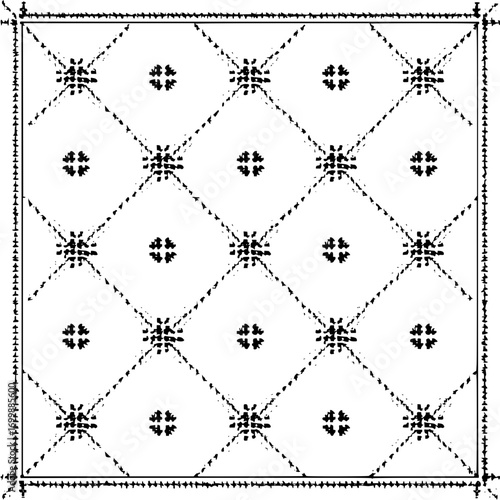 A repeating pattern of dotted diamonds with floral accents on a bordered square background design element