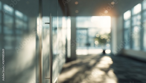Blurred office interior background with a blurred door and glass wall, blurry bokeh light effect for a business concept design. High-quality photo, taken with a telephoto lens in realistic daylight.