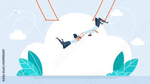 Business acrobats: a man holding a woman in mid-air. Two trapeze artist performing in acrobatic circus aerial stunt. Trust, reliability, confidence, belief, commitment, faith. Vector illustration