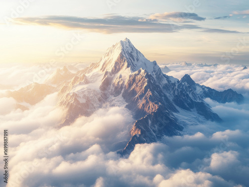 A towering mountain peak with a snow-capped summit emerges from thick clouds during sunrise, casting a warm glow over the landscape and creating a breathtaking view.