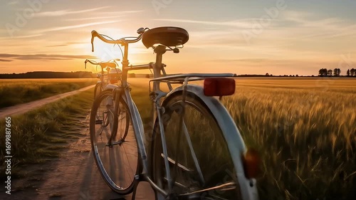 Two bicycles parked on a dirt path during sunset, surrounded by golden fields and distant trees
