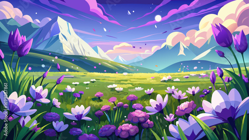 Gorgeous panoramic grassland scene filled with vibrant purple and pure white blossoms. Close-up details reveal silky petals glistening with morning dew, capturing the serene beauty and fragile wonder 