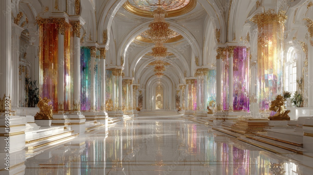 Fototapeta premium Elegant Interior of a Spacious White Room Adorned with Luxurious Gold Columns Creating a Majestic Atmosphere of Opulence and Grandeur for Events