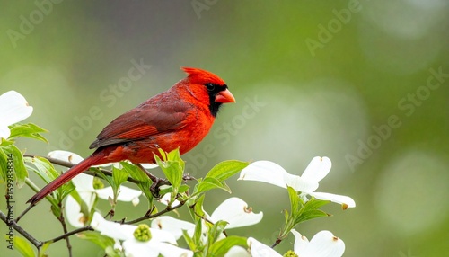 A vibrant red cardinal perched on a branch adorned with delicate white dogwood blossoms, set against a soft green background.