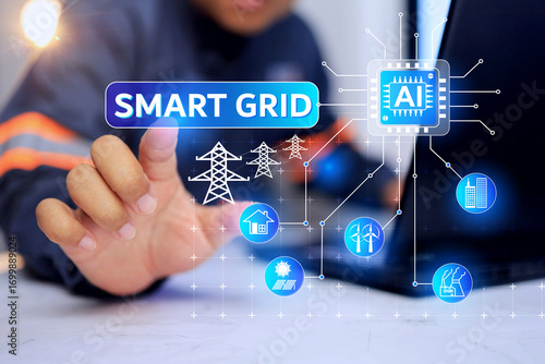 smart grid concept with power plant engineer combine the AI artificial intelligence technology to electricity distribute load balance to integration development for best performance