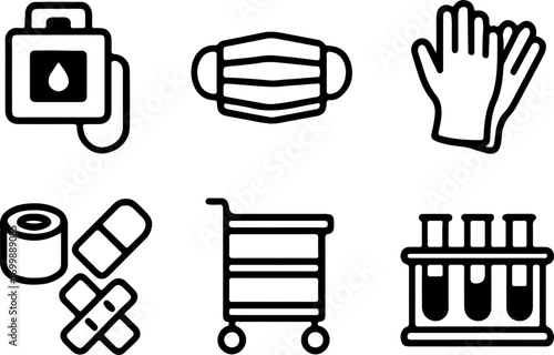 A collection of medical and healthcare icons including a blood bag, face mask, gloves, bandages, a medical cart, and test tubes.