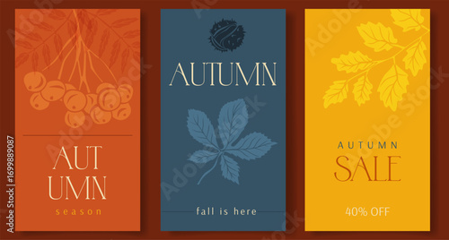 Set of trendy autumn design template with oak, rowan and chestnut leaves and modern typography. Fall posters, sale banners or flyer designs. Designs for social media,  advertising, web