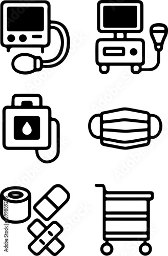 Set of medical equipment and supplies icons in black and white line art style.