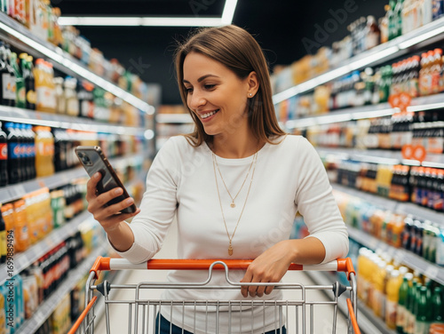 Wallpaper Mural A relaxed woman shops while checking her phone inside supermarket. Torontodigital.ca