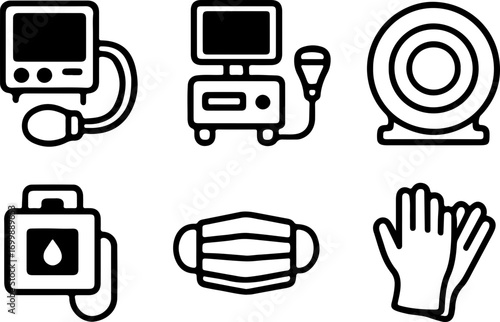 A collection of six black and white line icons depicting various medical equipment and supplies, including a blood pressure monitor, ultrasound machine, IV bag, face mask, and gloves.