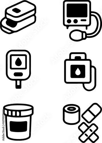 A collection of medical and healthcare icons including a pulse oximeter, blood pressure monitor, glucose meter, blood bag, medicine bottle, and first aid supplies.