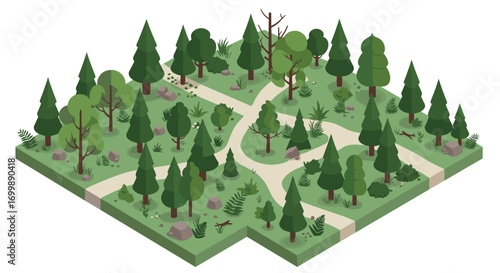 Isometric forest landscape with pathways and diverse greenery
