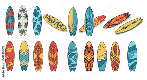 Colorful surfboard collection with tropical patterns for beach and summer theme design