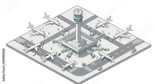 Isometric airport terminal with airplanes and control tower