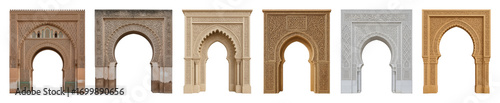 Moroccan arch set including carved, arabesque, stone, and calligraphic designs isolated. Islamic architecture and cultural heritage collection.