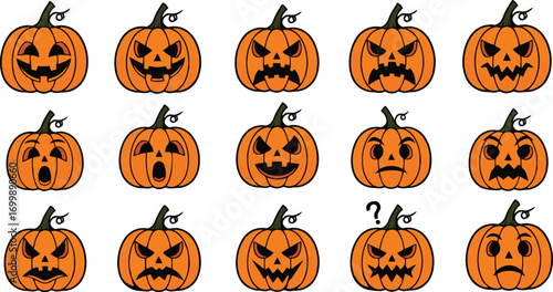 Collection of halloween jack o lantern faces isolated on white background