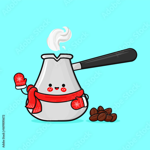 Cute coffee pot character wearing a winter scarf and mittens