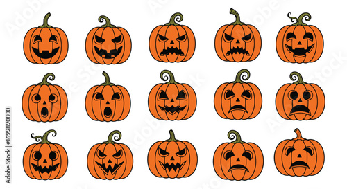 Collection of hand drawn halloween jack o lanterns isolated on white background