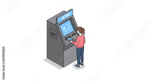 Isometric atm usage by woman in casual clothes on white background
