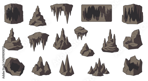 Cartoon rocky cave landscape set with isolated rock formations and stalactites
