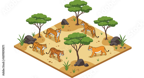 Isometric jungle scene with tigers and trees in a natural habitat