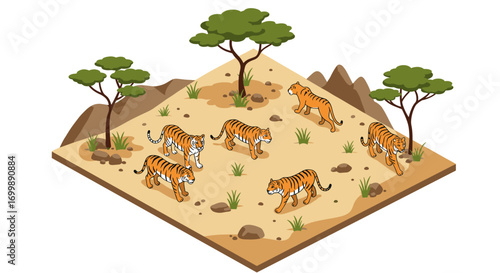 Isometric tiger habitat with savanna setting and multiple tigers walking