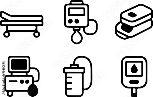 A collection of six black and white line icons depicting various medical equipment and devices used in healthcare settings.