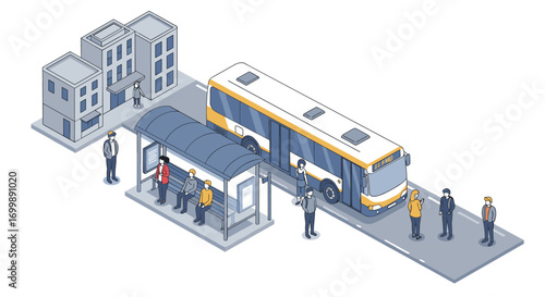 Isometric urban scene with public transport and people at bus stop