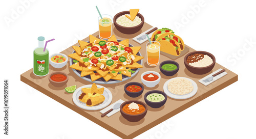 Isometric mexican feast with nachos and tacos on a wooden table