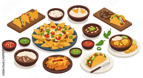 Mexican cuisine feast with nachos, tacos, and sides in a flat style design