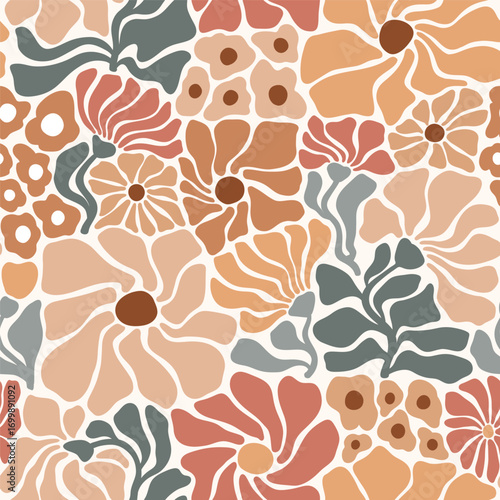 Seamless vector pattern with hand drawn groovy vintage flowers. Muted color palette floral illustration. Perfect for textile, wallpaper or print design.