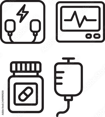 Line art icons depicting medical equipment including a defibrillator, heart monitor, pill bottle, and IV drip.