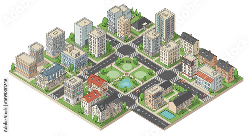 Isometric urban cityscape with streets and buildings featuring trees and park