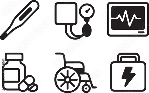 A collection of six black and white line art icons representing various medical and healthcare equipment and supplies.