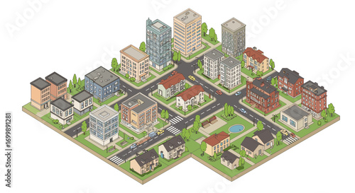 Isometric cityscape featuring buildings and streets with green spaces