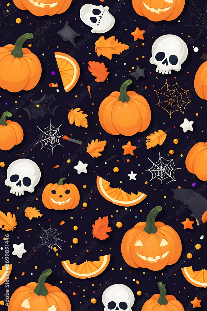Cheerful jack-o'-lanterns, stylized skulls, shiny stars and colorful candies are scattered throughout the canvas Cheerful jack-o'-lanterns, stylized skulls, shiny stars and colorful candies are scattered throughout the canvas