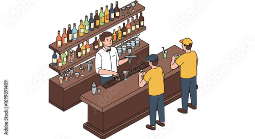 Isometric bar scene with bartender and two men in conversation