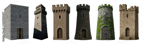 Medieval castle tower set including various stone, round, square, and fortified designs isolated. Architectural elements for games, history, and fantasy.