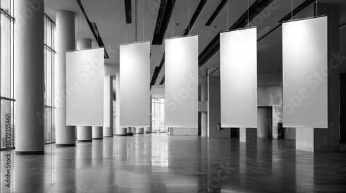 Modern hall with blank banners