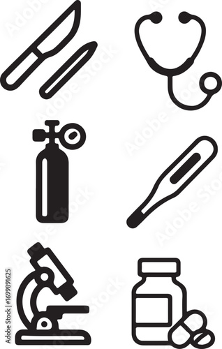 A collection of six black and white line art icons representing various medical and scientific tools and equipment.