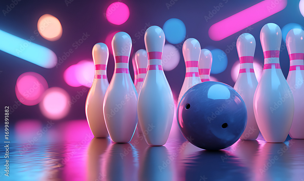 Naklejka premium 3D render of a bowling ball hitting pins with neon lights