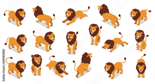 Isometric lion poses collection: playful, roaring, and resting big cats