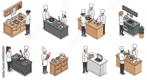 Isometric kitchen scenes: chefs cooking and presenting dishes in a professional culinary setting