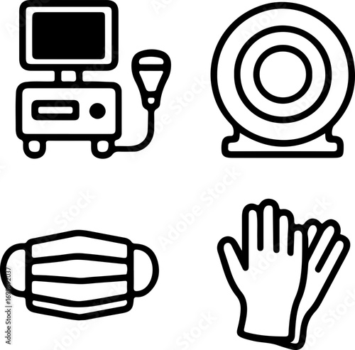 Collection of medical icons featuring an ultrasound machine, face mask, and protective gloves.