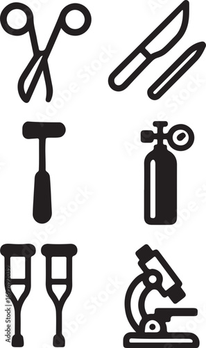 Collection of medical and scientific equipment icons including surgical tools, a reflex hammer, oxygen tank, crutches, and a microscope.