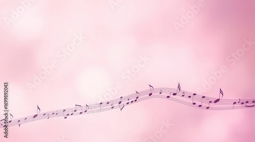 Elegant musical notes flow on soft pink bokeh background, creating a serene atmosphere